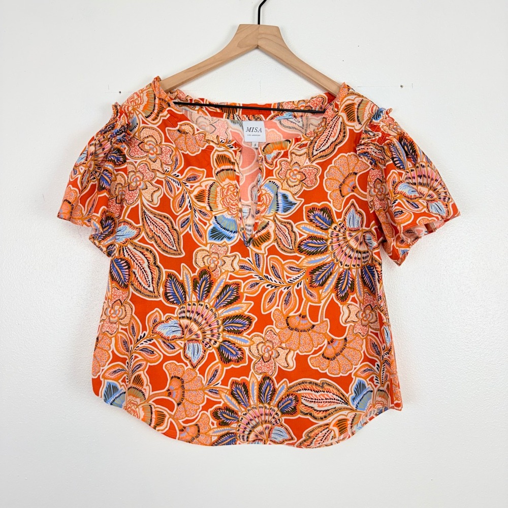 Misa Los Angeles Floral Blouse Womens S Orange Cotton Flutter Sleeve Suparna Top - Picture 14 of 14
